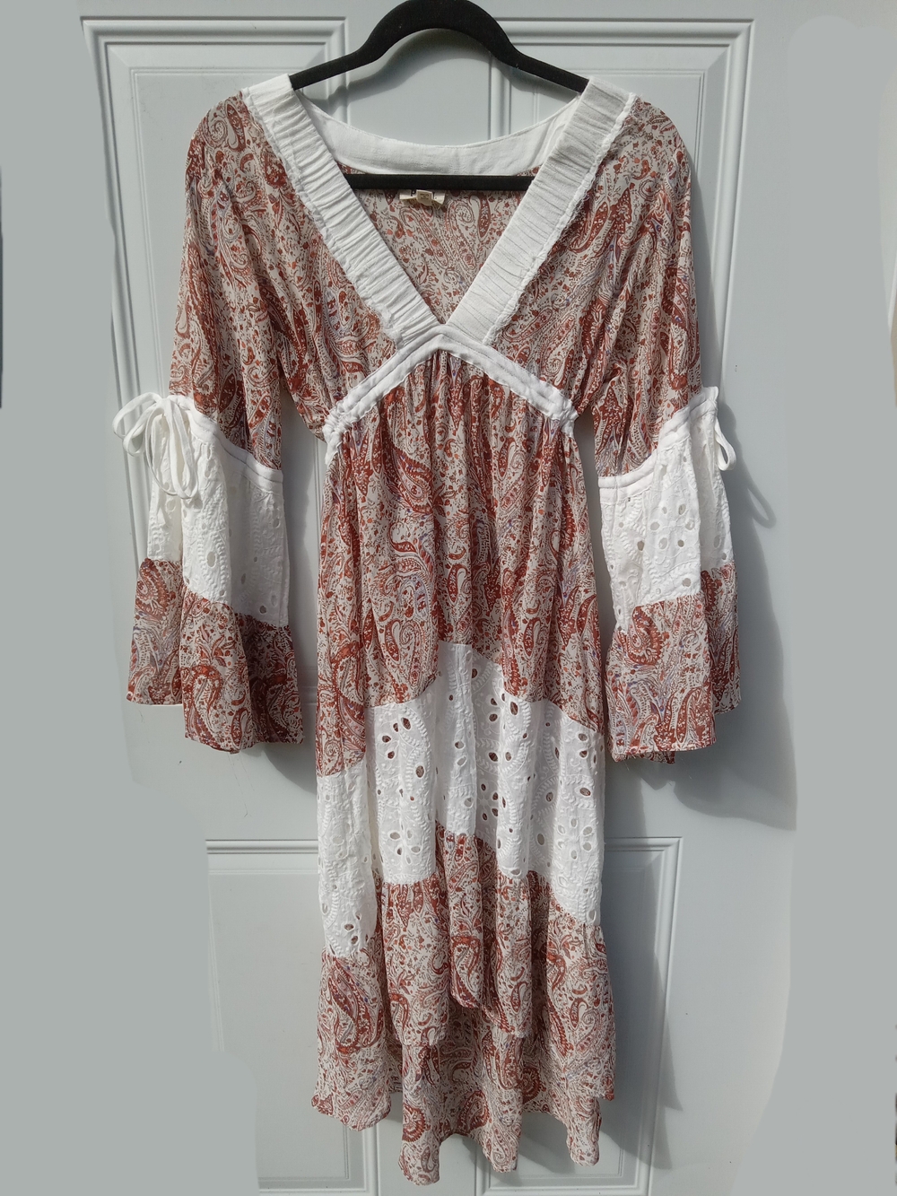 POL Boho White & Rust Paisley Eyelet Midi Dress Cover Up Size S/M